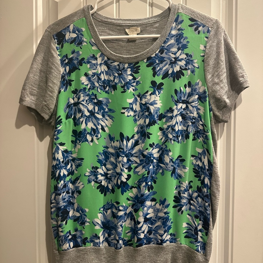 J. Crew Green and Blue Floral Short Sleeve Top